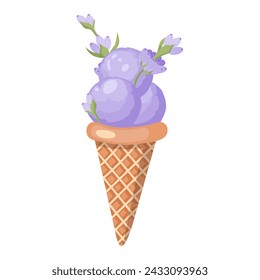 Lavender ice cream. Three balls of creamy sweet dessert in a waffle cone. Purple sorbet. Vector illustration on white background.