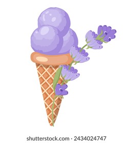 Lavender ice cream. Three balls of creamy sweet dessert in a waffle cone. Purple sorbet. Vector illustration on white background.