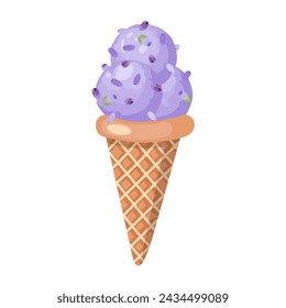 Helado de lavanda. Tres bolas de postre dulce cremoso en un cono de gofre. Sorbete púrpura. Ilustración vectorial sobre fondo blanco.