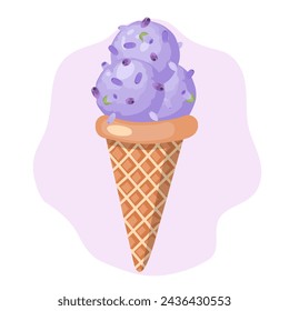 Lavender ice cream. Three balls of creamy sweet dessert in a waffle cone. Purple sorbet. Vector illustration.