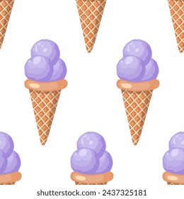 Lavender ice cream. Three scoops of creamy sweet dessert in a waffle cone. Purple sorbet. Seamless pattern.