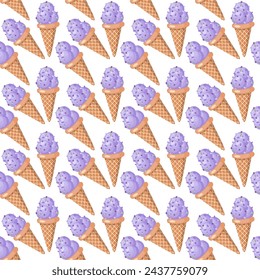 Lavender ice cream. Three scoops of creamy sweet dessert in a waffle cone. Purple sorbet. Seamless pattern.