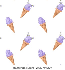 Helado de lavanda. Tres cucharadas de postre dulce cremoso en un cono de gofre. Sorbete púrpura. Patrón sin costuras.