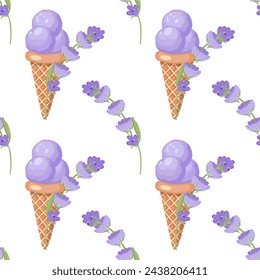 Lavender ice cream. Three scoops of creamy sweet dessert in a waffle cone. Purple sorbet. Seamless pattern.