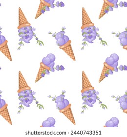 Lavender ice cream. Three scoops of creamy sweet dessert in a waffle cone. Purple sorbet. Seamless pattern.