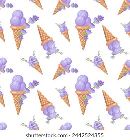 Lavender ice cream. Three scoops of creamy sweet dessert in a waffle cone. Purple sorbet. Seamless pattern.