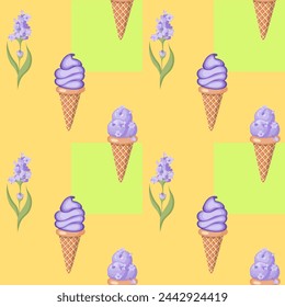 Lavender ice cream. Three scoops of creamy sweet dessert in a waffle cone. Purple sorbet. Seamless pattern.