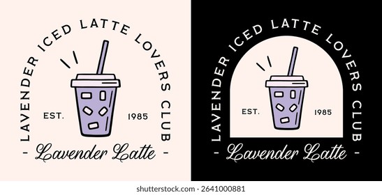 Lavender iced latte lovers club coffee summer floral flower flavor purple aesthetic girl shirt design logo. Fresh cold drink in a takeaway cup retro fancy drawing illustration quotes poster print.