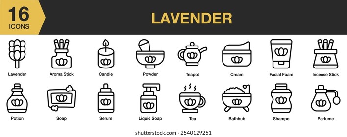 Conjunto de iconos de lavanda. Incluye palo de aroma, bañera, vela, crema, espuma facial, palo de incienso y más. Colección de Vector de iconos de contorno.