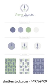 Lavender identity set.
Pastel color palette, alternate logos, seamless patterns. For cosmetics, wedding invitations, print, textile.