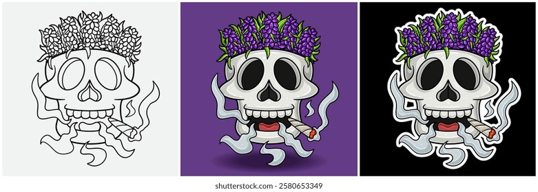 Lavender Inside Skull Head With Smoking Character Cartoon. Black White, Colorful and Sticker Style. For T shirt print, Brand Logo, Label and Mascot product. Vectors Illustrations