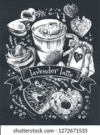 Lavender Latte Illustration, Winter Holiday Hot Drink. Hand drawn cup of coffee with heart shape donuts, chocolate candies and gift. Engraved style vector artwork. Valentine's day decoration.