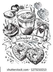 Lavender Latte Illustration, Winter Holiday Hot Drink. Hand drawn cup of coffee with heart shape donuts, chocolate candies and gift. Engraved style vector artwork. Valentine's day decoration.