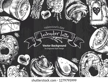 Lavender Latte Illustration, Winter Holiday Hot Drink. Hand drawn cup of coffee with heart shape donuts, chocolate candies and gift. Engraved style vector artwork. Valentine's day decoration.
