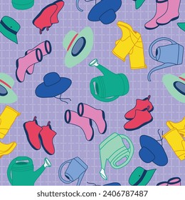 A lavender lattice textured background with scattered pink, yellow, blue, teal, red, and pink gardening hats, rubber, boots, and watering cans creating a vector repeat seamless pattern design.