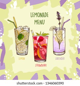 Lavender, Lemon, Strawberry Lemonade Set in glass cup with drinking straw. Refreshing summer drink vector clip art illustration, doodle drawing. Isolated collection sketch style image for menu, poster