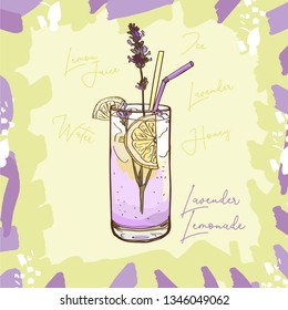 Lavender Lemonade homemade classic inglass cup with drinking straw and lemon wedge. Refreshing summer drink vector clip art illustration, doodle drawing. Isolated sketch style image for menu, poster.