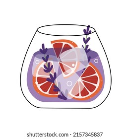 Lavender lemonade vector illustration with red orange, ice, lavender syrup