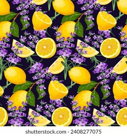 Lavanda y limones en un fondo de color.Vector sin fisuras con lavanda y limones en un fondo de color.