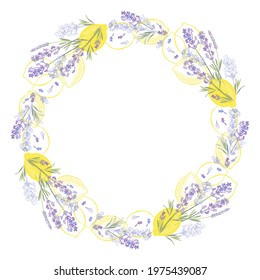 Lavender and lemons. Round floral frame. Vector layout decorative greeting card or invitation,  menu, element design background..