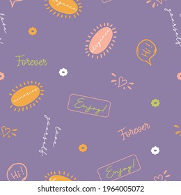 Lavender Lilac Conversational Seamless Pattern Print With Doodle Flowers, Thought Bubble, Positive Quotes And Slogans For Fabric, Textile, Tshirt, Packaging And Wrapping