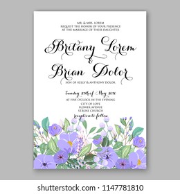 Lavender lilac peony greenery bouquet bride wedding invitation template design. Vector floral template background for party celebration bridal baby shower anniversary congratulation greeting card