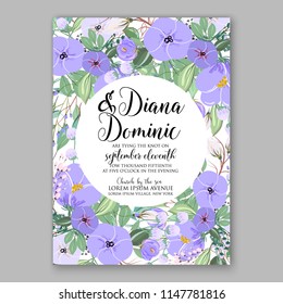 Lavender lilac peony greenery bouquet bride wedding invitation template design. Vector floral template background for party celebration bridal baby shower anniversary congratulation greeting card
