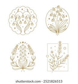 Lavender and Lily of the Valley Line Art Illustration Set. Elegant Floral Designs for Botanical Decor, Wedding Invitations, and Nature. Vector Illustration