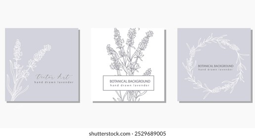 Lavender Line Art. Fondo botánico de moda de lavanda minimalista. Plantilla de fondo floral dibujado a mano. Ilustración de arte de línea floral. Plantilla floral en redes sociales