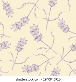 Lavender line art seamless vector pattern background. Purple blossoms on stems with leaves on pastel yellow backdrop. Botanical herb vintage design. Nature meadow garden all over print for summer