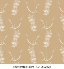 Lavender line art seamless vector pattern background. Hand drawn white blossoms on stems with leaves on beige brown paper color backdrop. Chalkboard effect botanical herb vintage design. Nature repeat