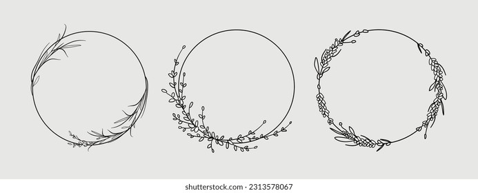 Lavender line art set on gray background. Lavender wreath flowers tattoo. Wedding design elements outline. Wedding circle border vector