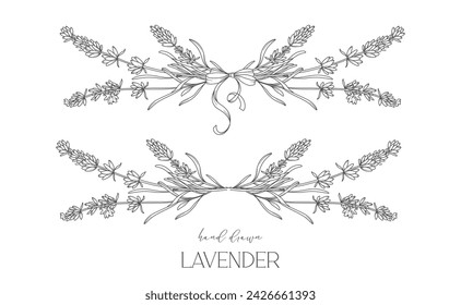 Dibujo de línea de lavanda. Marcos florales en blanco y negro. Ilustración de la línea fina de la lavanda. Flores con contorno dibujado a mano. Página para colorear botánica. Invitación de boda flores