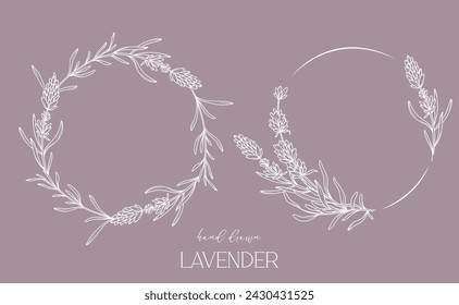 Dibujo de línea de lavanda. Marcos florales en blanco y negro. Ilustración de la línea fina de la lavanda. Flores con contorno dibujado a mano. Página para colorear botánica. Invitación de boda flores