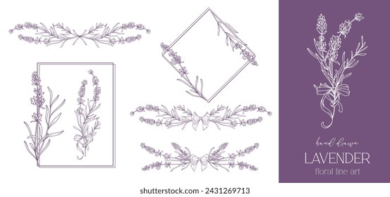 Dibujo de línea de lavanda. Ramos de flores en blanco y negro. Página para colorear flores. Ilustración de la línea fina de la lavanda. Flores dibujadas a mano Coloración Botánica. Invitación de boda flores
