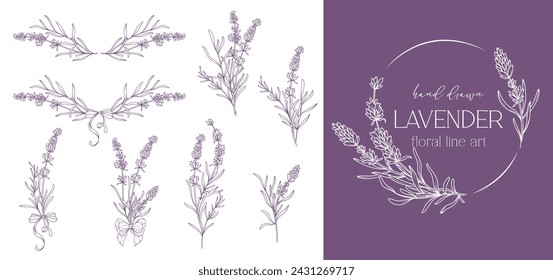 Lavender Line Drawing. Black and white Floral Bouquets. Flower Coloring Page. Floral Line Art. Fine Line Lavender illustration. Hand Drawn flowers. Botanical Coloring. Wedding invitation flowers
