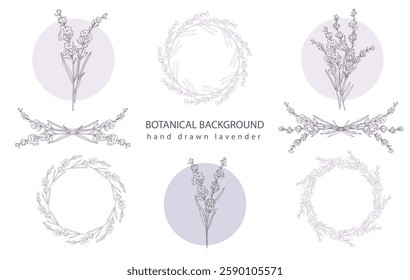 Lavender Line Drawing. Outline Lavender illustration. Hand Drawn lavener. Lavender Labels. Monochrome Floral Line Art.  Botanical Coloring. Lavender Wedding