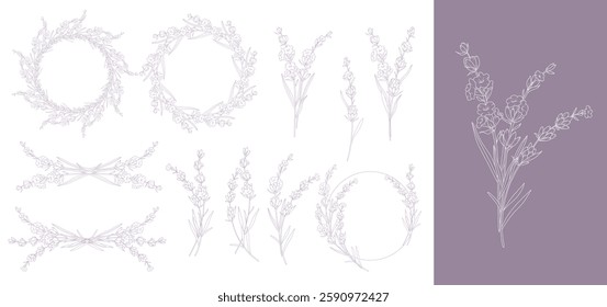 Lavender Line Drawing. Outline Lavender illustration. Hand Drawn lavener. Lavender Labels. Monochrome Floral Line Art.  Botanical Coloring. Lavender Wedding