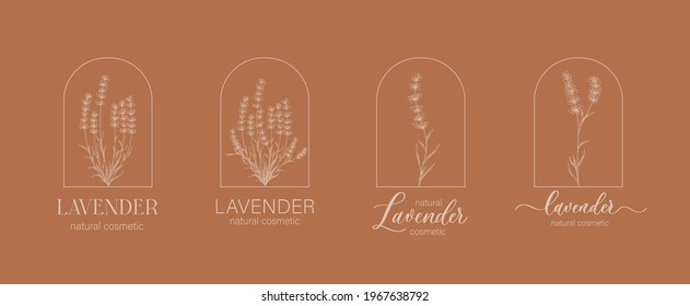 Lavender logo and branch. Hand drawn wedding herb, plant and monogram for invitation, save the date, card design. Botanical rustic trendy greenery vector illustration