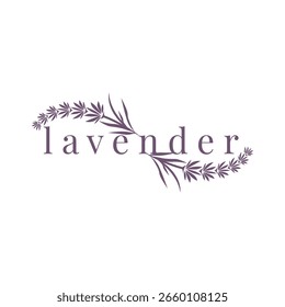 Logo de lavanda, Vector de planta de flores púrpura elegante simple, diseño de tarjeta de felicitación, Anuncio, ornamento de flores, Boda dibujada a mano de lavanda, ilustración de símbolo de icono