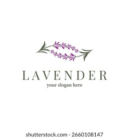 Logo de lavanda, Vector de planta de flores púrpura elegante simple, diseño de tarjeta de felicitación, Anuncio, ornamento de flores, Boda dibujada a mano de lavanda, ilustración de símbolo de icono