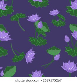Lavender Lotus Flower on a Deep Purple Background Seamless Pattern designed for wallpaper, textile, fabric print, wrapping, decoration