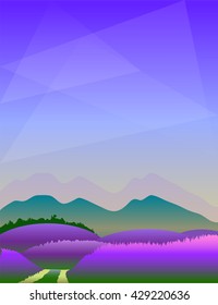 Lavender low poly illustration or cover, low poly sky and lavender fields vertical illustration, polygonal vector landscape with blooming lavender and with place for text, summer background
