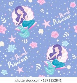 Patrón de sirena de lavanda. Juego de sirenas. Para los niños en pantalones, arte de moda, libros infantiles, estampados y telas o papeles pintados. Huella. Dibujo de moda de estilo moderno para ropa.