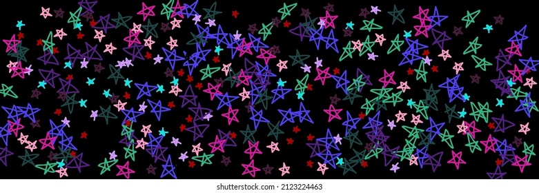 Lavender Mint Naive Bright Kids Chaotic Colorful Bordo Sky Background. Pink Dark Multicolor Red Vibrant Stars Violet Design Pic. Purple Night Black Pastel Childish Green Vivid Handdrawn Stars.