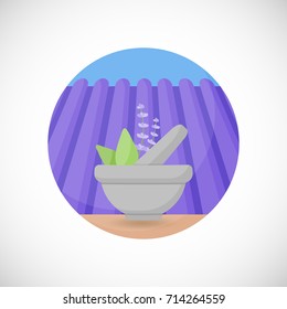 Lavender in mortar and pestle vector flat icon, Flat design of aromatic plant, beauty product ingredient, herb on the lavender field and sky background, vector concept illustration with shadows