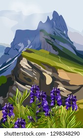 Lavender and mountains hills Vector illustration. Nature backgrounds