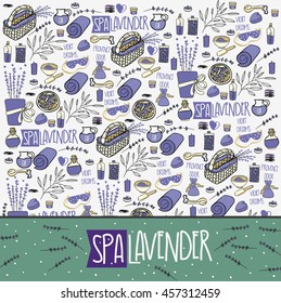 Lavender natural cosmetic pattern.  Vector illustration. Background design for cosmetics,  beauty salon, store, postcard, packaging, textile.