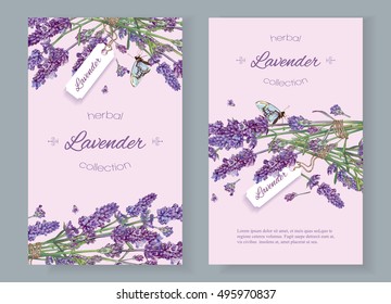 Lavender natural cosmetics banners on lilac background. Design for cosmetics, store, beauty salon, natural and organic products, health care products,aromatherapy.Vector illustration