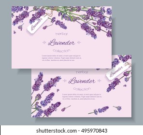 Lavender natural cosmetics banners on lilac background. Design for cosmetics, store, beauty salon, natural and organic products, health care products,aromatherapy.Vector illustration